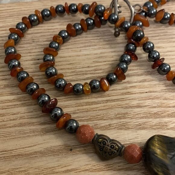Handmade Tigers Eye-Goldstone-Hematite  Heart Necklace - Picture 5 of 11
